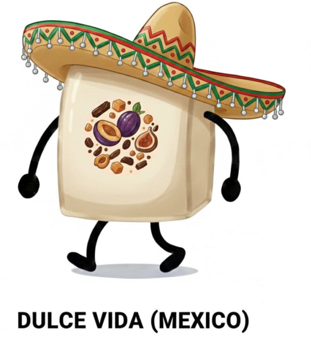 Cartoon character of a square box with legs and arms, wearing a sombrero, on a white background with 'Dulce Vida (Mexico)' text.